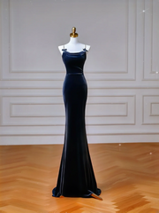Classy Mermaid Spaghetti Straps Navy Blue With Bow Long Formal Prom Dresses Dance Night Outfits Party Gowns AQ105
