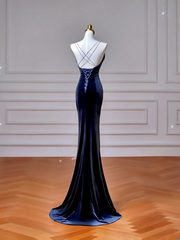 Classy Mermaid Spaghetti Straps Navy Blue With Bow Long Formal Prom Dresses Dance Night Outfits Party Gowns AQ105