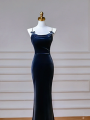 Classy Mermaid Spaghetti Straps Navy Blue With Bow Long Formal Prom Dresses Dance Night Outfits Party Gowns AQ105