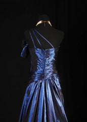 Retro Vintage 1960s Formal A line One Shoulder Fashion Navy Blue Satin With Beads Sleeveless Long Prom Dresses Party Formal Gowns AS120