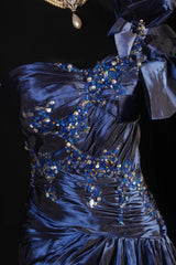 Retro Vintage 1960s Formal A line One Shoulder Fashion Navy Blue Satin With Beads Sleeveless Long Prom Dresses Party Formal Gowns AS120