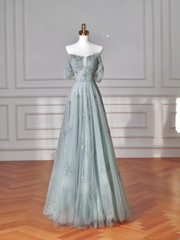 Elegant A line Square Neck Green Tulle Long Formal Prom Evening Dresses Dinner Outfits Party Gowns AQ137