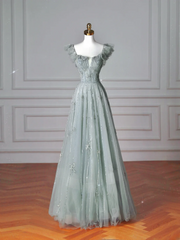 Elegant A line Square Neck Green Tulle Long Formal Prom Evening Dresses Dinner Outfits Party Gowns AQ137