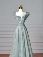 Elegant A line Square Neck Green Tulle Long Formal Prom Evening Dresses Dinner Outfits Party Gowns AQ137