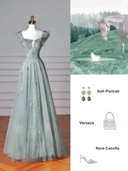 Elegant A line Square Neck Green Tulle Long Formal Prom Evening Dresses Dinner Outfits Party Gowns AQ137