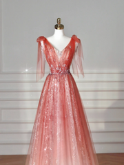 Elegant A Line V Neck Tulle Long Formal Prom Dresses Dance Night Outfits Evening Party Gowns AB2206