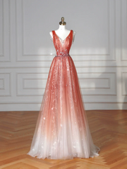 Elegant A Line V Neck Tulle Long Formal Prom Dresses Dance Night Outfits Evening Party Gowns AB2206