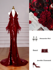 Glitter Mermaid Halter Burgundy With Sequins Long Formal Prom Dresses Dance Night Outfits Evening Birthday Outfit AB2209