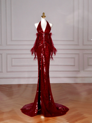 Glitter Mermaid Halter Burgundy With Sequins Long Formal Prom Dresses Dance Night Outfits Evening Birthday Outfit AB2209