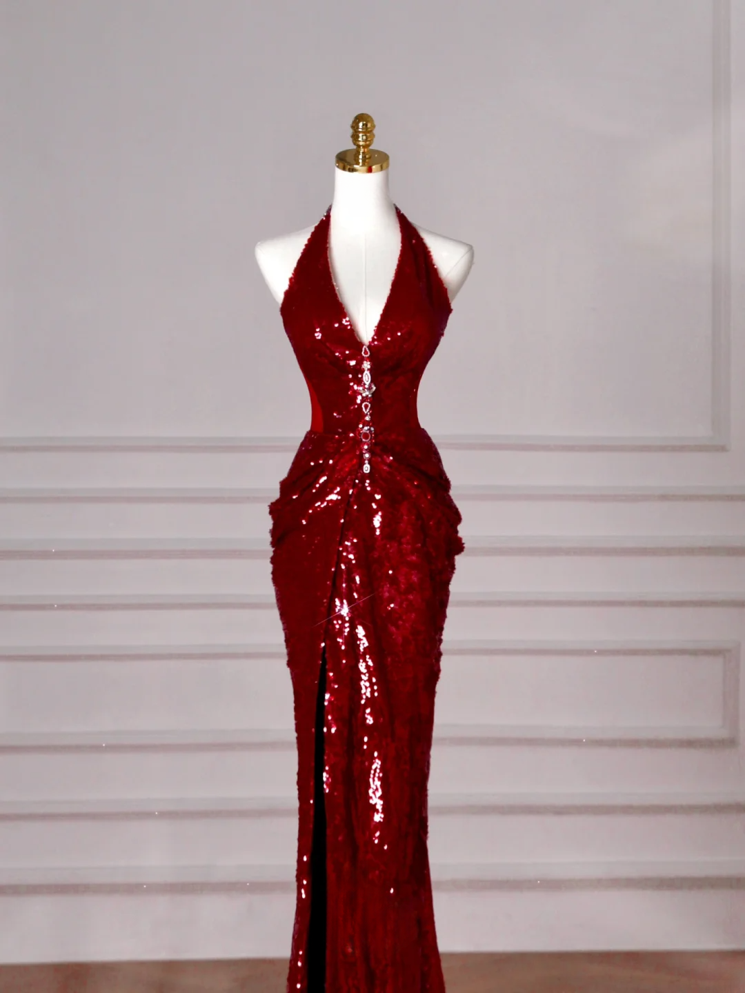 Glitter Mermaid Halter Burgundy With Sequins Long Formal Prom Dresses Dance Night Outfits Evening Birthday Outfit AB2209