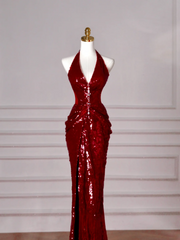 Glitter Mermaid Halter Burgundy With Sequins Long Formal Prom Dresses Dance Night Outfits Evening Birthday Outfit AB2209