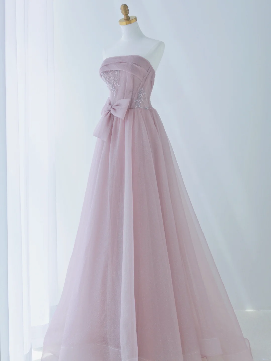 Simple A Line Strapless Pink Tulle Long Formal Prom Dresses Dance Night Outfits Evening Birthday Outfit AS162