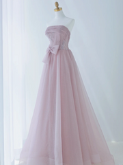 Simple A Line Strapless Pink Tulle Long Formal Prom Dresses Dance Night Outfits Evening Birthday Outfit AS162