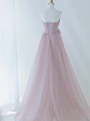 Simple A Line Strapless Pink Tulle Long Formal Prom Dresses Dance Night Outfits Evening Birthday Outfit AS162