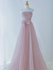 Simple A Line Strapless Pink Tulle Long Formal Prom Dresses Dance Night Outfits Evening Birthday Outfit AS162