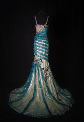 Vintage 60s Mermaid Spaghetti Straps Blue Tulle With Beads Long Formal Fancy Prom Dresses Night Outfits Party Gowns AS192
