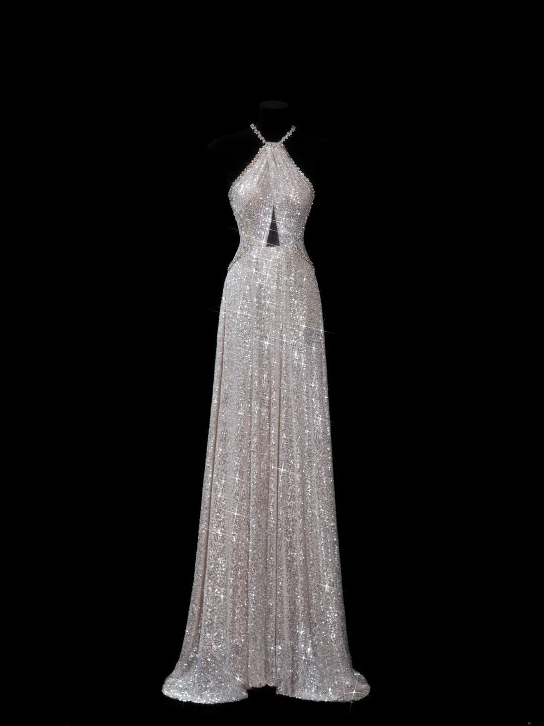 Chic A line Halter Champagne Sequin Long Prom Formal Fancy Evening Dresses Dinner Outfits Classy Party Gowns AS615