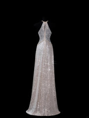 Chic A line Halter Champagne Sequin Long Prom Formal Fancy Evening Dresses Dinner Outfits Classy Party Gowns AS615