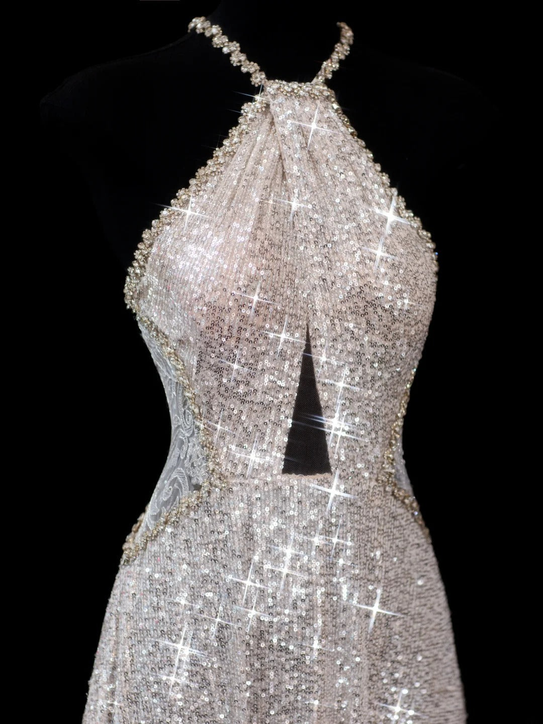 Chic A line Halter Champagne Sequin Long Prom Formal Fancy Evening Dresses Dinner Outfits Classy Party Gowns AS615