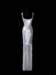 Chic Sheath Square Neck Silver Sequin Long Prom Formal Fancy Evening Dresses Dinner Outfits Classy Party Gowns AS617
