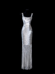 Chic Sheath Square Neck Silver Sequin Long Prom Formal Fancy Evening Dresses Dinner Outfits Classy Party Gowns AS617