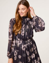 High Neck Floral Puffball Pleated Midi Dress