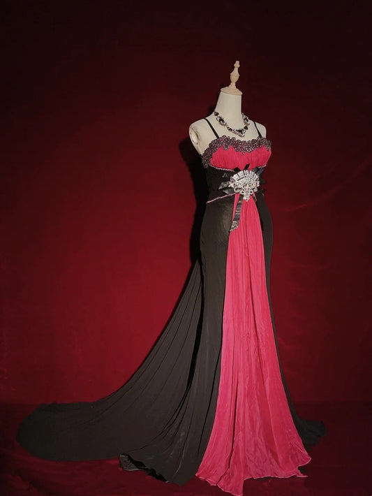 Beautiful Prom Dresses Mermaid Spaghetti Strap Pink Black Chiffon With Beads Long Evening Outfits N3396