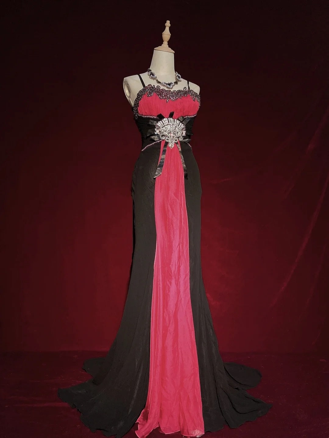 Beautiful Prom Dresses Mermaid Spaghetti Strap Pink Black Chiffon With Beads Long Evening Outfits N3396