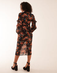 Floral Printed High Neck Midi Dress With Frill Sleeve Details
