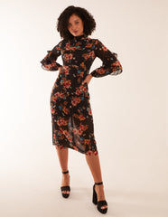 Floral Printed High Neck Midi Dress With Frill Sleeve Details