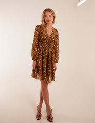Shirred Waist Leopard Foil Wrap Front Mini Dress