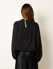 Metallic Sparkle Chiffon High Neck Puffball Top