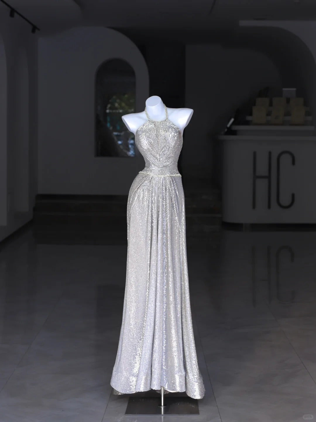 Modest Prom Dresses A line Scoop Neck Silver Sequin Long Formal Dance Dress N2991