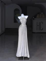 Modest Prom Dresses A line Scoop Neck Silver Sequin Long Formal Dance Dress N2991