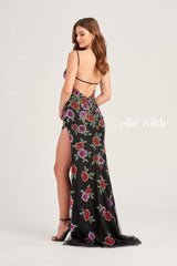 Ellie Wilde EW35069  Fitted Long Formal Floral Beaded Prom Gown