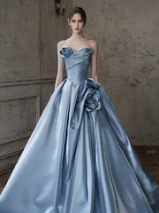 Cute Ball Gown Sweetheart With Flowers Blue Long Party Gowns Prom Dresses N2029