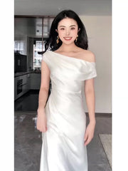 Simple Mermaid Off The Shoulder White Long Prom Gown Party Wear Fashion Dresses N1822
