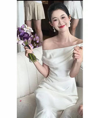 Simple Mermaid Off The Shoulder White Long Prom Gown Party Wear Fashion Dresses N1822