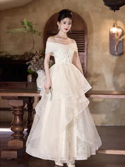 Charming Ball Gown Off The Shoulder White Tulle Long Prom Gown Party Wear Fashion Dresses N1823