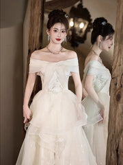 Charming Ball Gown Off The Shoulder White Tulle Long Prom Gown Party Wear Fashion Dresses N1823