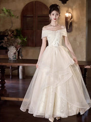 Charming Ball Gown Off The Shoulder White Tulle Long Prom Gown Party Wear Fashion Dresses N1823