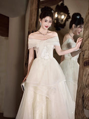Charming Ball Gown Off The Shoulder White Tulle Long Prom Gown Party Wear Fashion Dresses N1823
