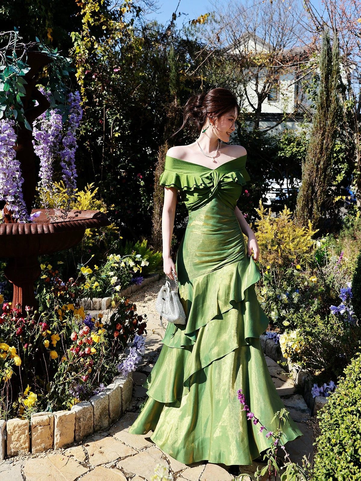 Modest Mermaid Off The Shoulder Dark Green With Short Sleeves Long Formal Gowns Prom Dresses N2067