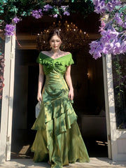 Modest Mermaid Off The Shoulder Dark Green With Short Sleeves Long Formal Gowns Prom Dresses N2067
