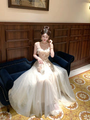 Modest French Style A Line Spaghetti Straps Tulle Fashion Women Long Formal Outfits Prom Dresses N2075