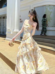Modest French Style Mermaid Spaghetti Straps Yellow Floral Chiffon Fashion Women Long Formal Outfits Prom Dresses N2078