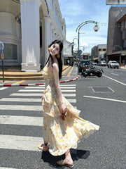 Modest French Style Mermaid Spaghetti Straps Yellow Floral Chiffon Fashion Women Long Formal Outfits Prom Dresses N2078