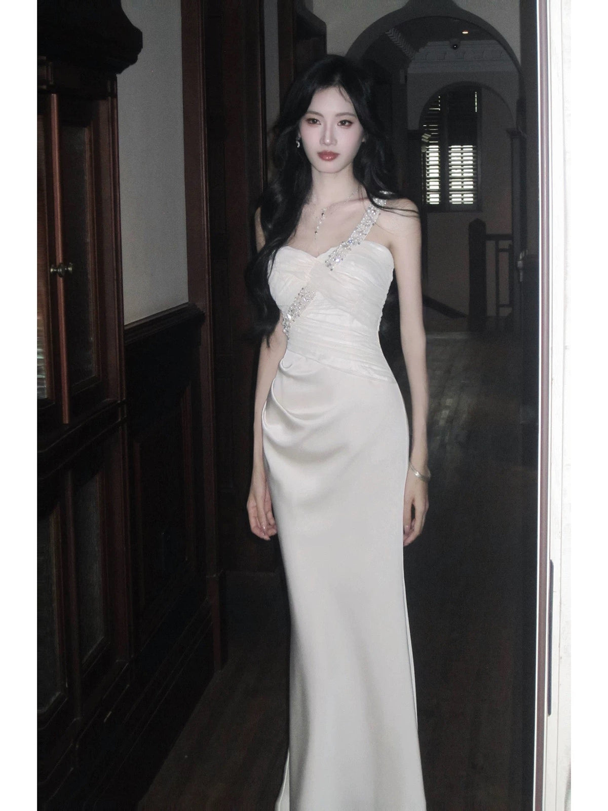 Modest French Style Mermaid One Shoulder White Satin Fashion Women Long Formal Outfits Prom Dresses N2084