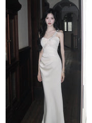 Modest French Style Mermaid One Shoulder White Satin Fashion Women Long Formal Outfits Prom Dresses N2084