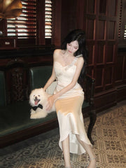 Modest French Style Mermaid One Shoulder White Satin Fashion Women Long Formal Outfits Prom Dresses N2084